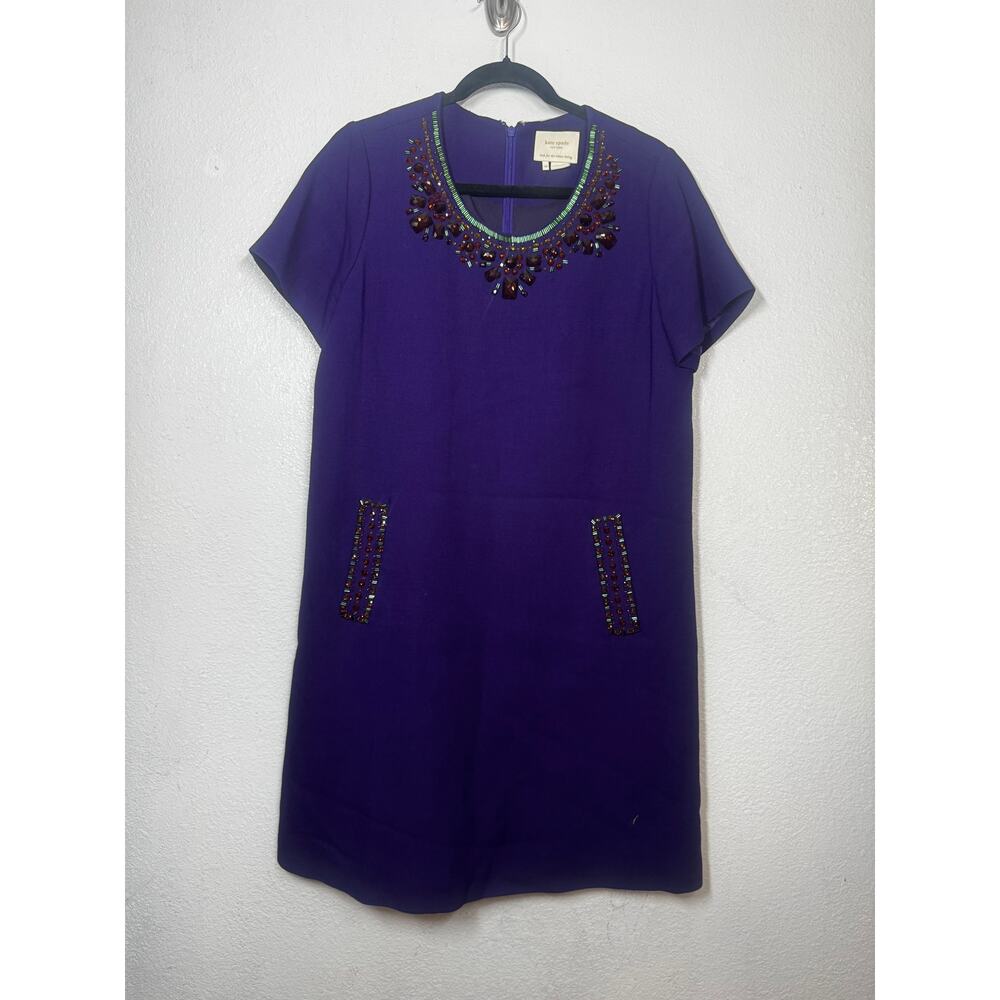 Kate Spade Gail Wool Shift Dress Purple Jeweled Beaded Neck Short Sleeve Sz 10